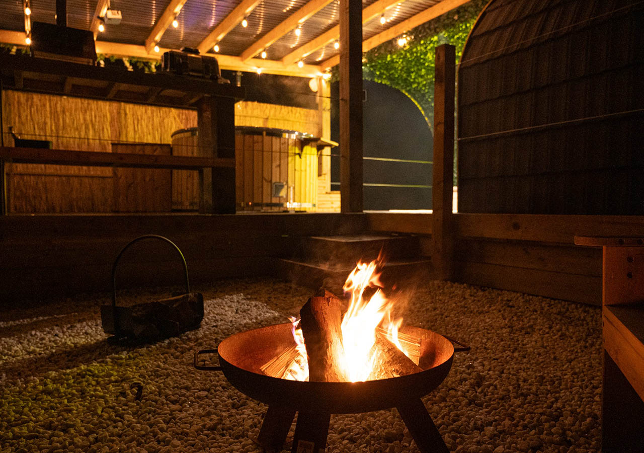 Fire pit at Clyde Croft glamping pod at Coorie Retreats