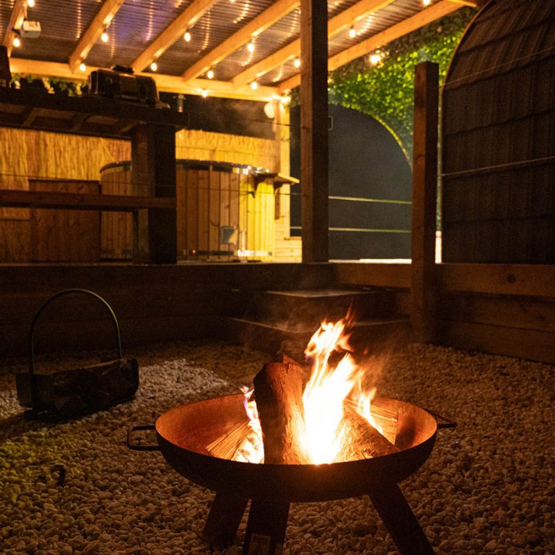 The outdoor fire pit at the Bonnie Brae glamping pod at Coorie Retreats