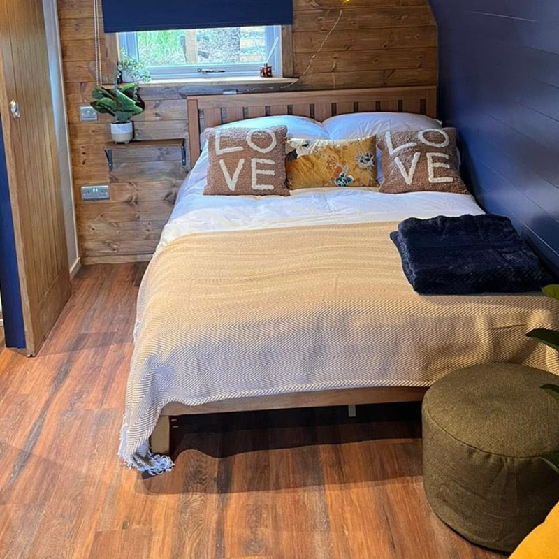 The double bed in Portside Pasture glamping pod at Coorie Retreats