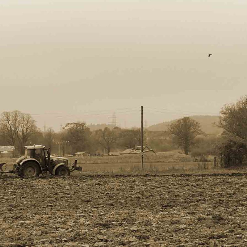 An old photo of a tractor in a field.