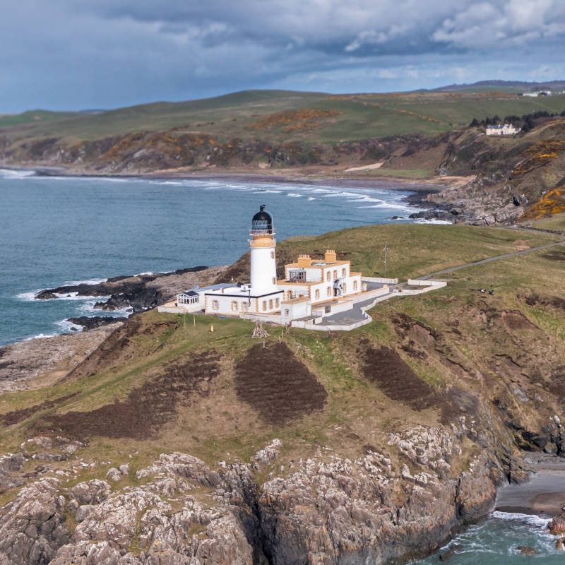 Aerial view of Killantringan Lighthouse in Scotland